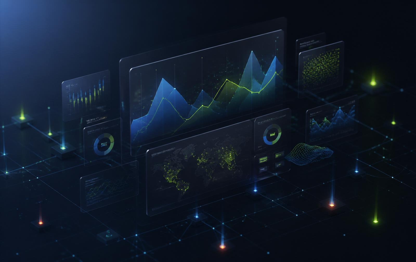 Layered signal dashboards over a dark grid