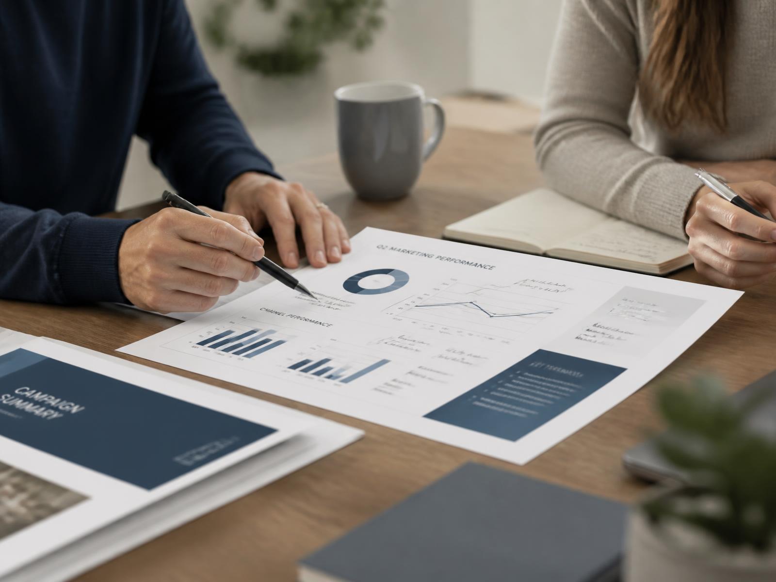 Two colleagues reviewing a printed marketing reporting pack