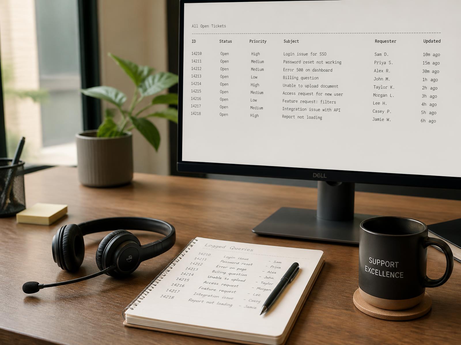 Support desk with headset, notebook of logged queries and a ticket list on screen