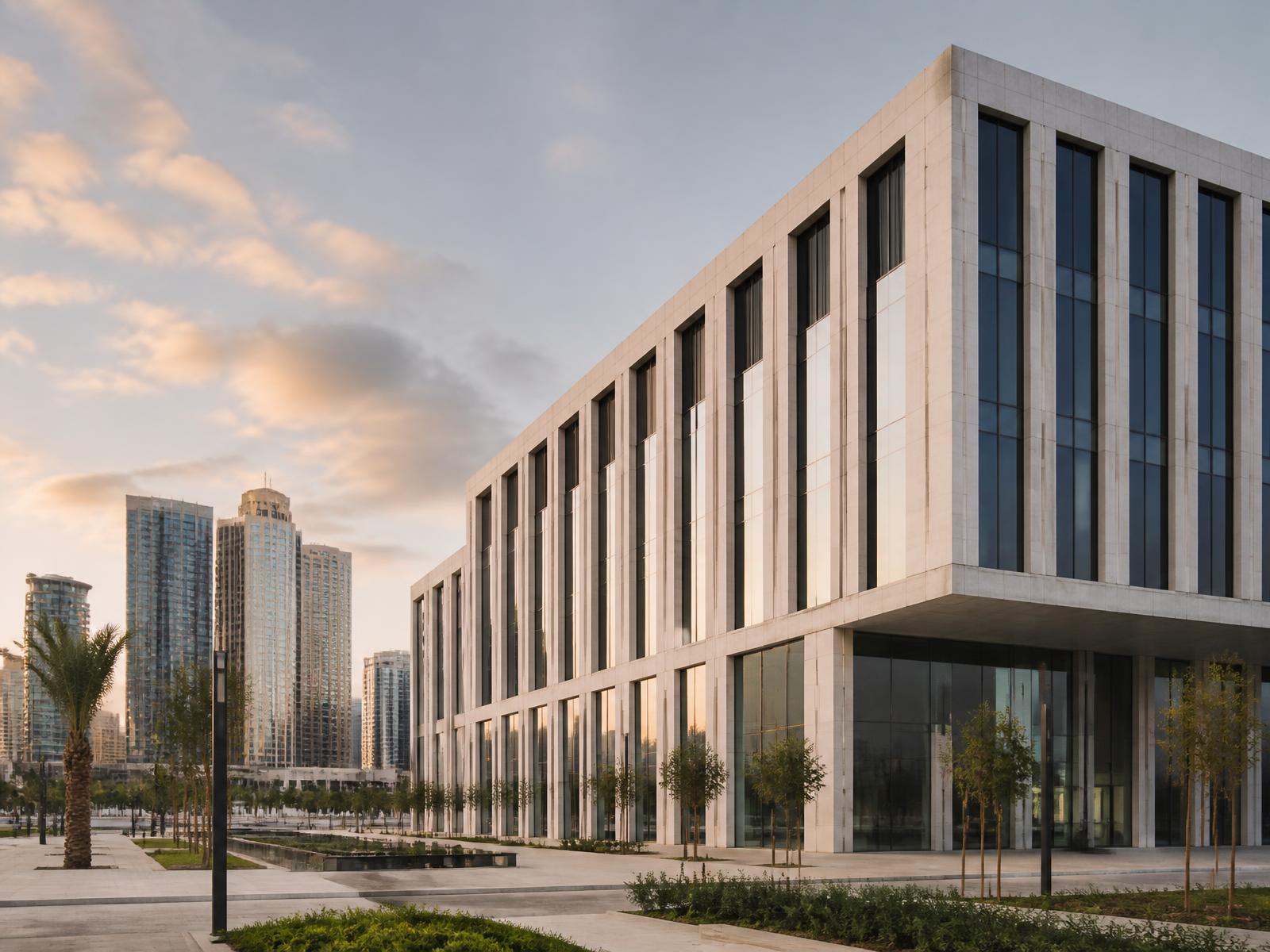 Modern business district building in the UAE at golden hour