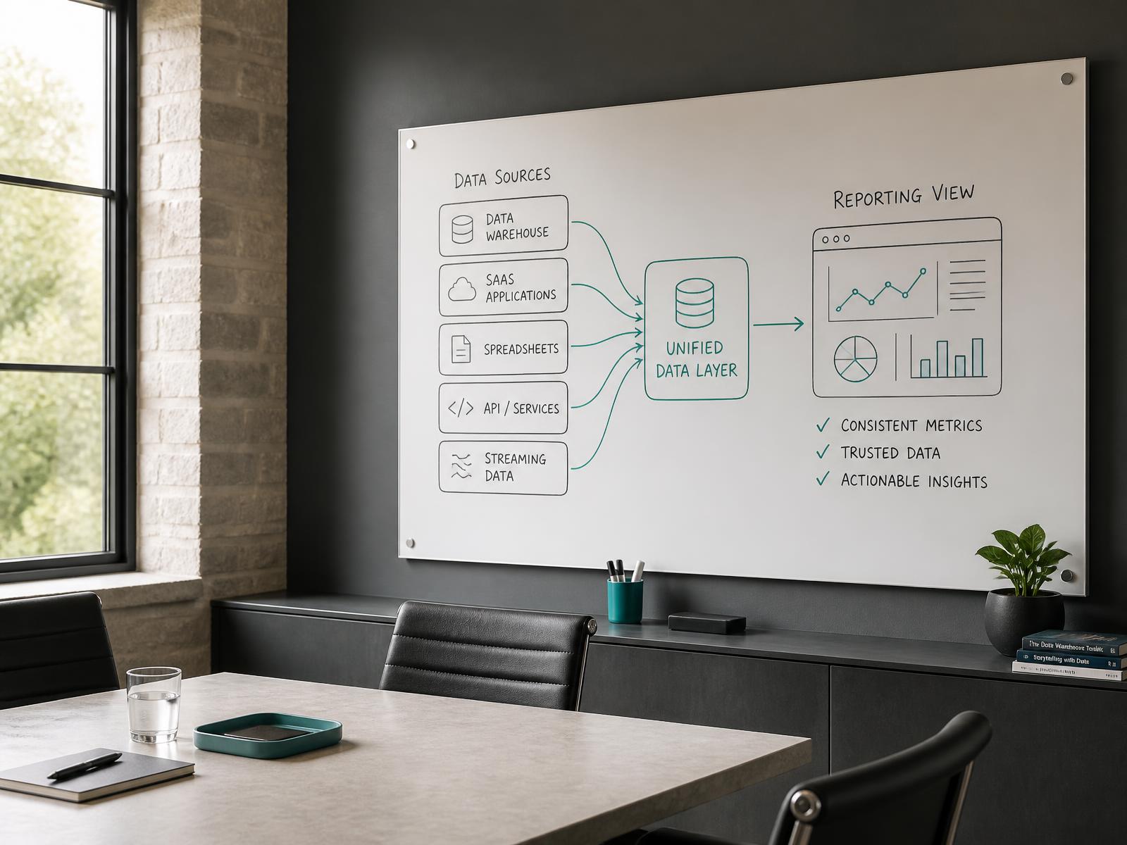 Whiteboard diagram of data sources flowing into a reporting view
